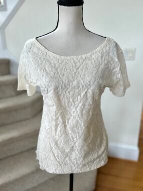 Vintage 90s Y2K Cream Lace Short Sleeve T-Shirt Romantic Boho Whimsygoth Fairy